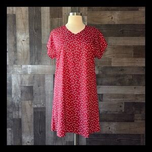 Red pink polka dot heart v-neck tunic dress large romantic lovecore feminine
